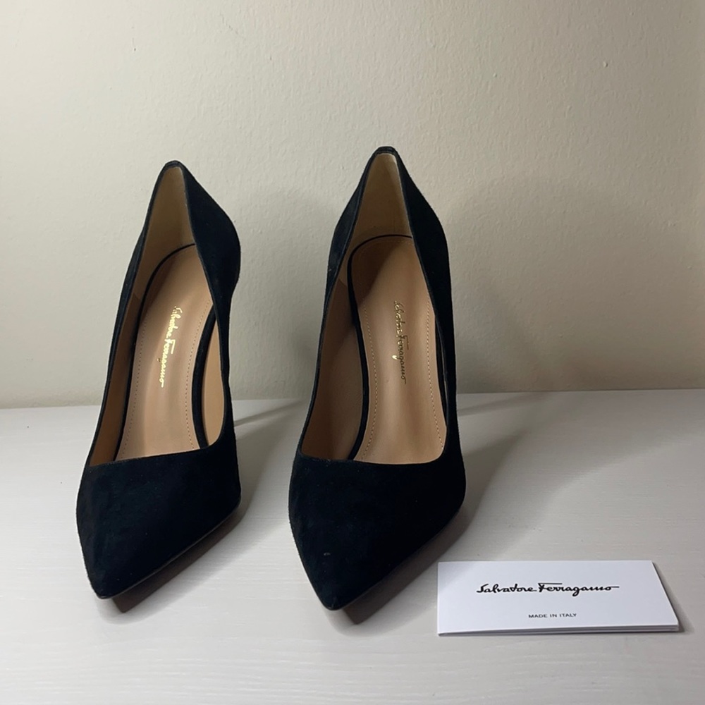 Salvatore Ferragamo Black Suede Heels 10B
